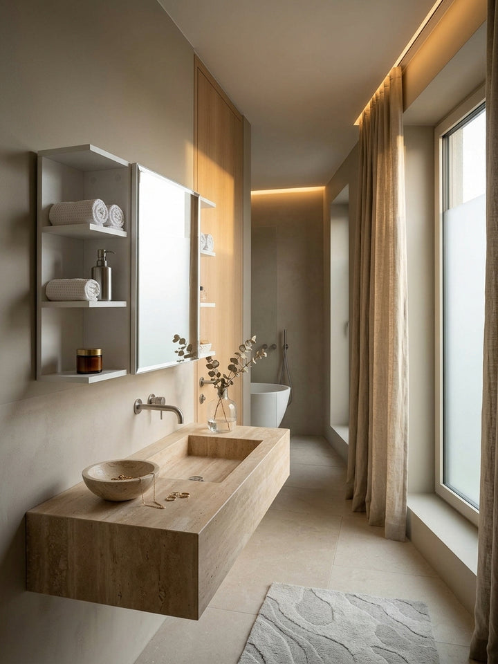 Draufsicht auf den weißen Badezimmer-Hängeschrank in einem luxuriösen Raumkonzept. Die clevere Aufteilung des 80x65cm Badmöbels mit Spiegel zeigt perfekten Stauraum an der Wand._