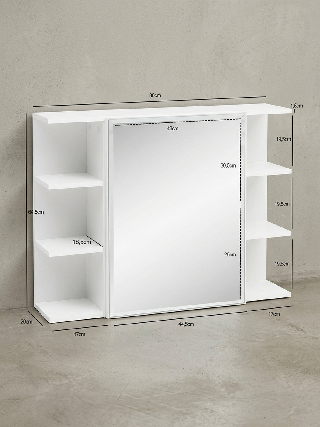 Detailansicht der unsichtbaren Wandaufhängung des weißen Badschranks. Die stabile Konstruktion des 80cm breiten Spiegelschranks ermöglicht eine sichere Montage über dem Waschbecken._