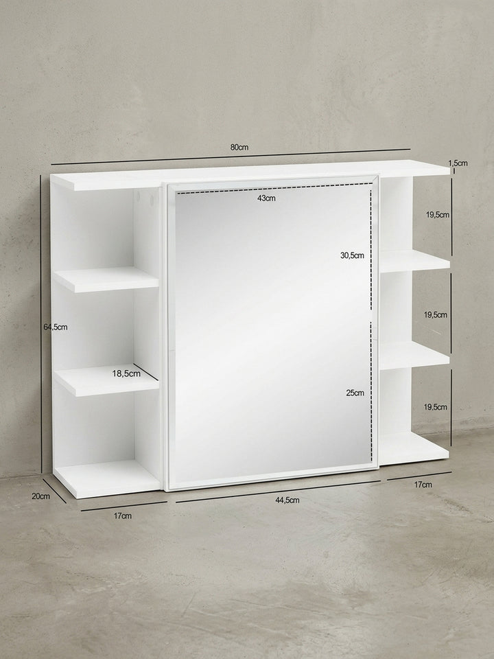 Detailansicht der unsichtbaren Wandaufhängung des weißen Badschranks. Die stabile Konstruktion des 80cm breiten Spiegelschranks ermöglicht eine sichere Montage über dem Waschbecken._