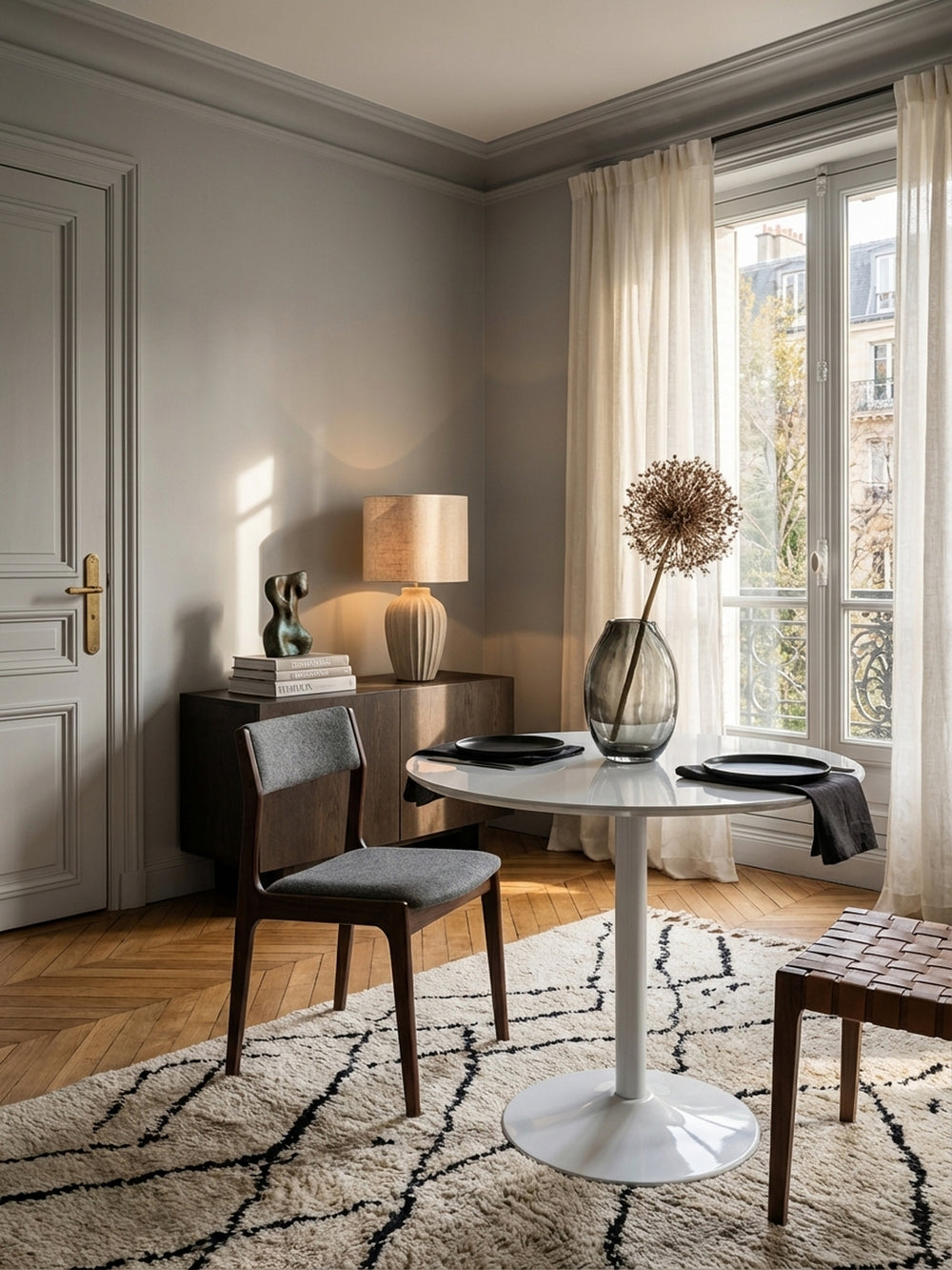 Luftaufnahme des runden Küchentisches mit 75 cm Durchmesser, der perfekt für zwei Personen geeignet ist und eine harmonische Essgruppe mit stilvollen Stühlen bildet._