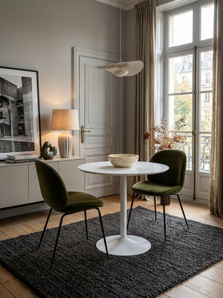 Moderner runder Esstisch in Weiß Hochglanz, elegant in Szene gesetzt in einem minimalistischen Esszimmer mit zwei grauen Samtstühlen und dezenter Dekoration._