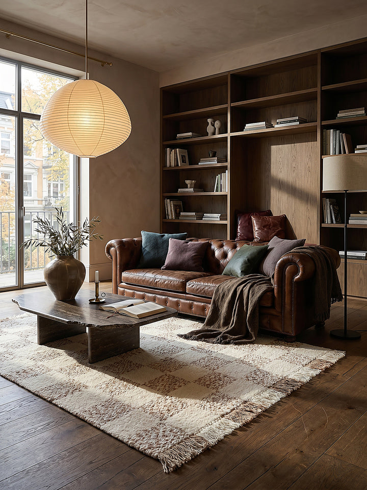 Teppich Beige-Natur rechteckig im modernen Wohnzimmer auf classic chevron oak parquet in a warm ho vor warm cream plaster with intricate wall m Einrichtungsidee_