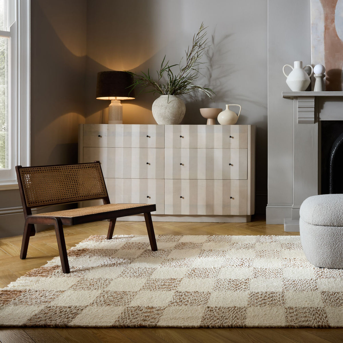 Teppich Kurzflor Karo Muster - Geometrisch - Wohnzimmer Beige-Natur Rechteckig