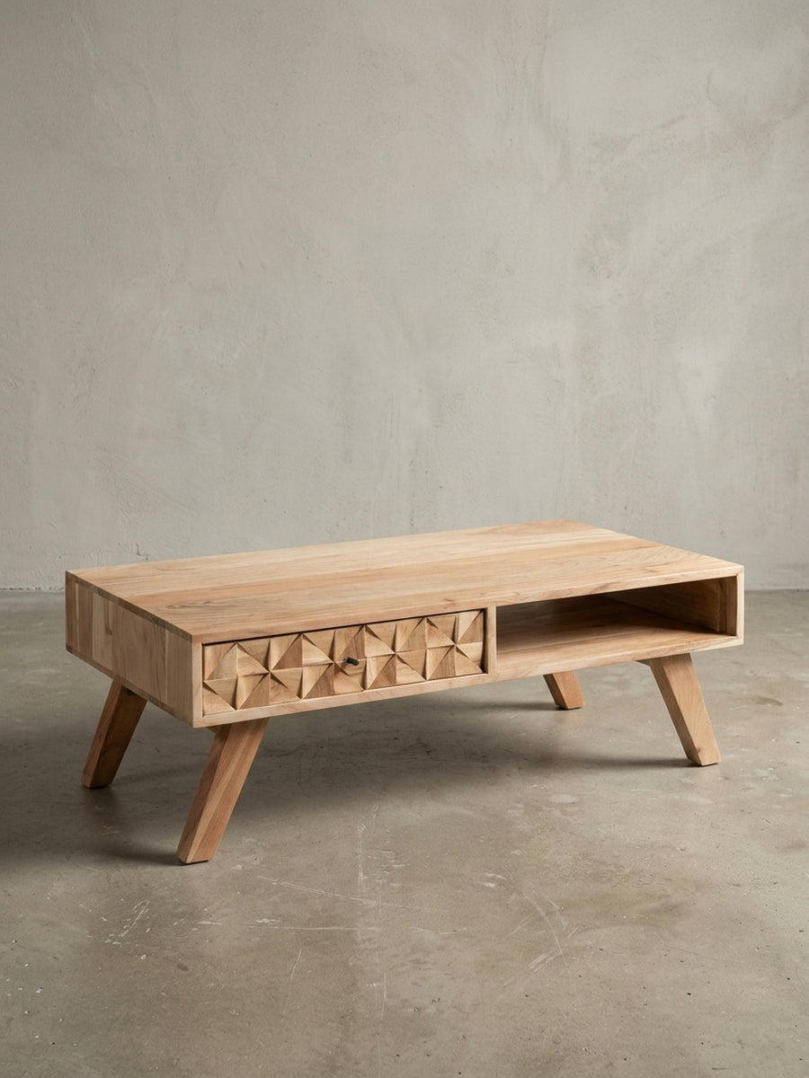 Technische Zeichnung des Couchtisches mit exakten Maßen: 95 cm Breite, 50 cm Tiefe und 35 cm Gesamthöhe. Innenmaße von Schublade und Fach des Akazienholz-Tisches sind detailliert._