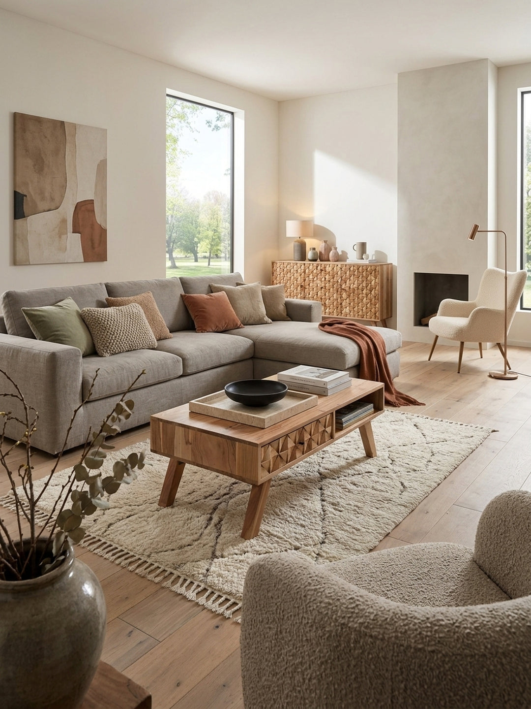 Massiver Akazienholz Couchtisch 95x50cm im organisch-modernen Wohnzimmer. Der flache Holztisch mit 3D-Schubladenfront steht auf einem cremefarbenen Teppich vor hellem Interieur._