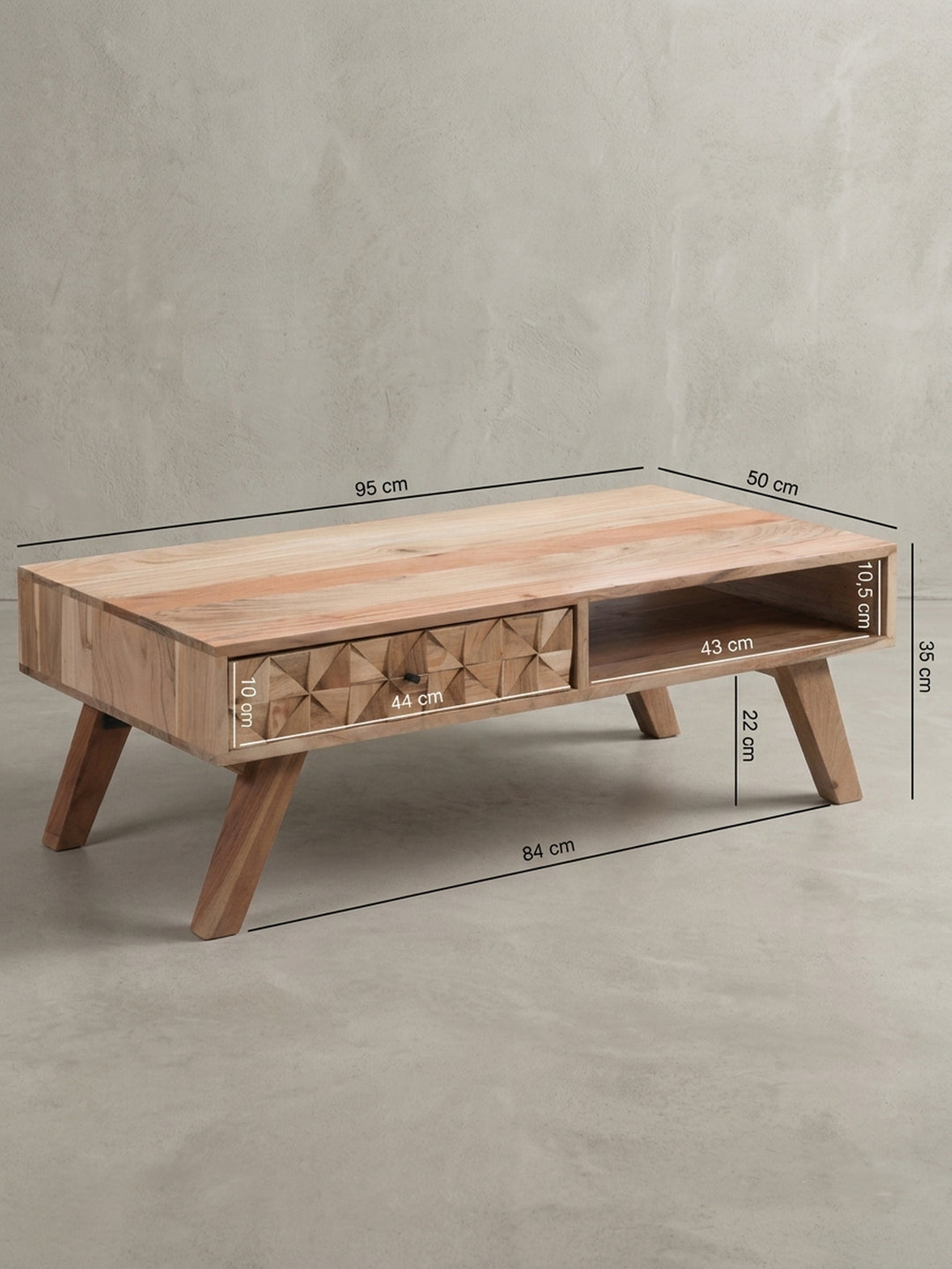 Detailansicht der Rückseite und Verarbeitung des Sofatisches aus lackierter Akazie. Stabile Holzverbindungen und die durchgehende Massivholzqualität des 95x50cm Tisches überzeugen._