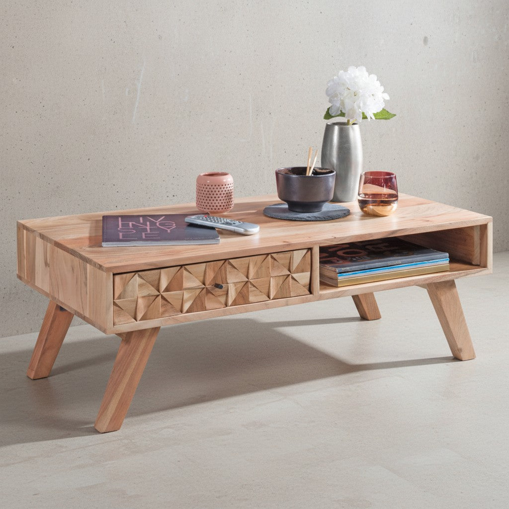 Moderner Landhaus-Stil Couchtisch_ massives Holz_ Schublade_ Ablagefach_ 95x35x50 cm - KADIMA DESIGN_Größe_ 95x50x35 cm_