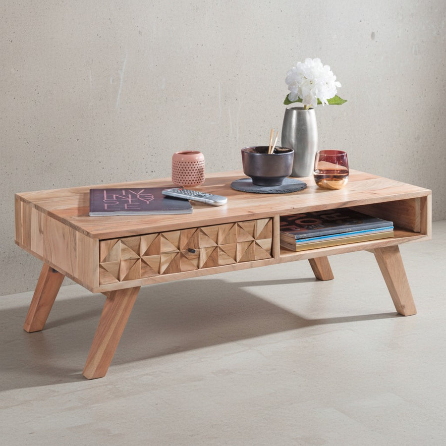 Moderner Landhaus-Stil Couchtisch_ massives Holz_ Schublade_ Ablagefach_ 95x35x50 cm - KADIMA DESIGN_Größe_ 95x50x35 cm_
