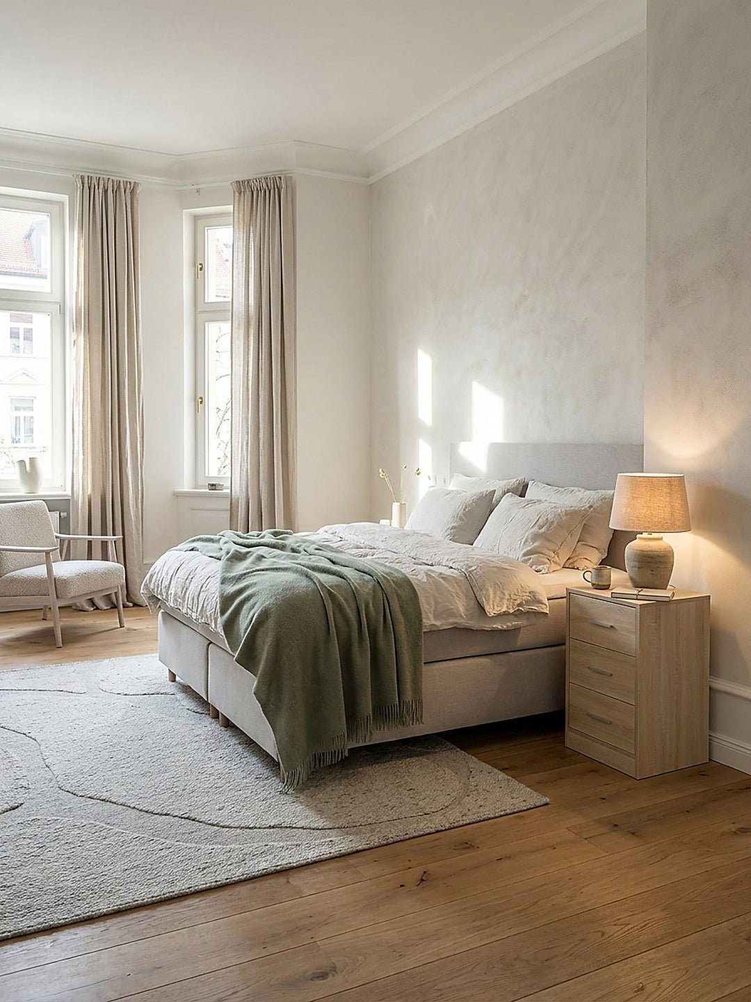 Eleganter Nachttisch in Eichenoptik 38x35x68 cm im skandinavischen Schlafzimmer neben einem weißen Leinenbett auf hellem Dielenboden._