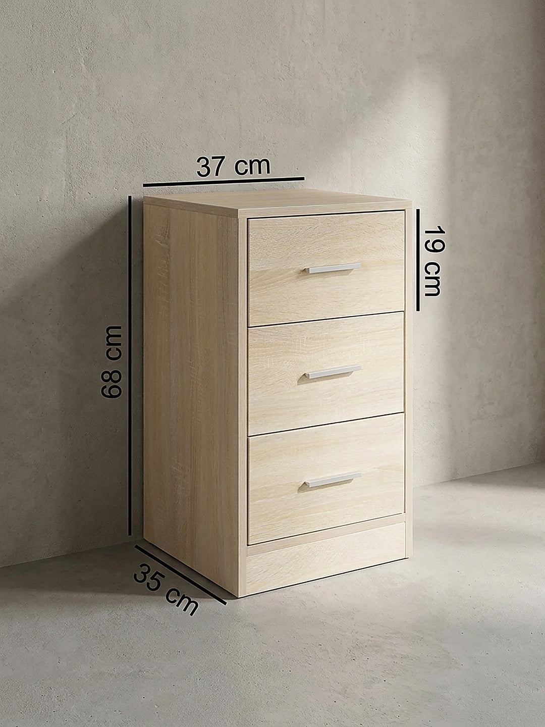Technische Zeichnung der Nachtkonsole mit genauen Maßangaben von 37,5 cm Breite und 68 cm Höhe für die perfekte Raumplanung._