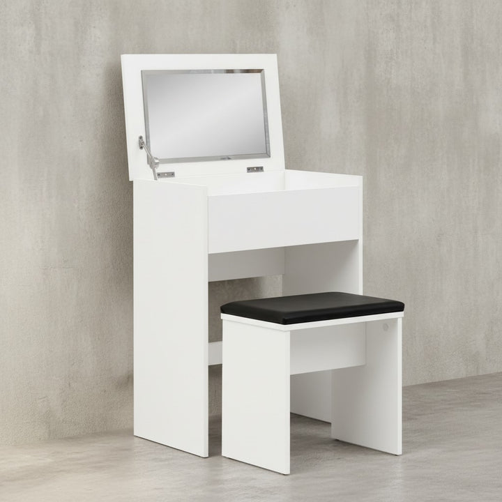 Moderner Schminktisch mit Klappfach und Spiegel_ inklusive Hocker_ Melaminharzbeschichtung - KADIMA DESIGN_Größe_ 60x40x81 cm_