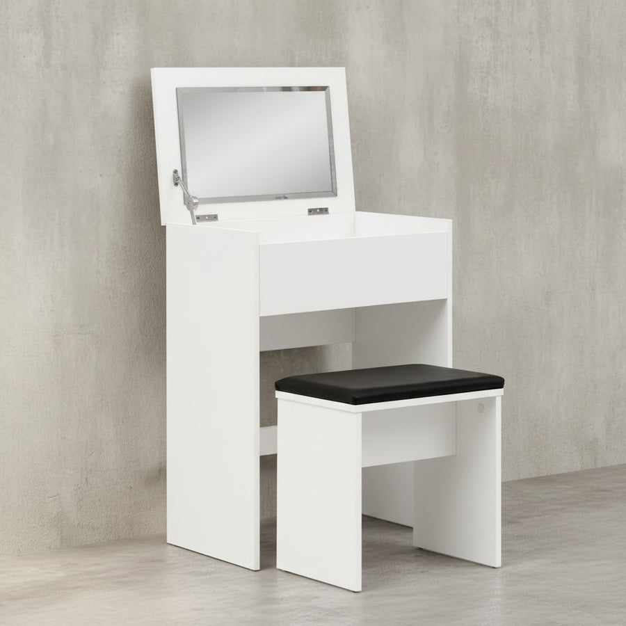 Moderner Schminktisch mit Klappfach und Spiegel_ inklusive Hocker_ Melaminharzbeschichtung - KADIMA DESIGN_Größe_ 60x40x81 cm_