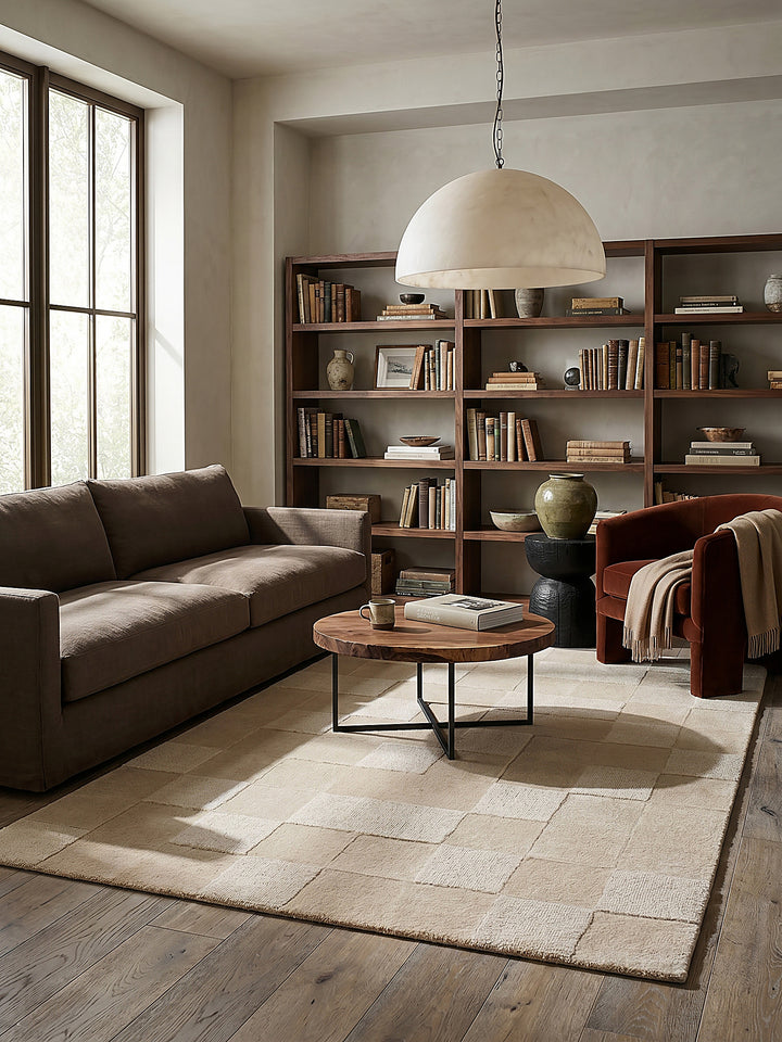 Teppich Beige rechteckig im Wohnzimmer mit Couchtisch und Wohnaccessoires Wohnidee skandinavisch modern_