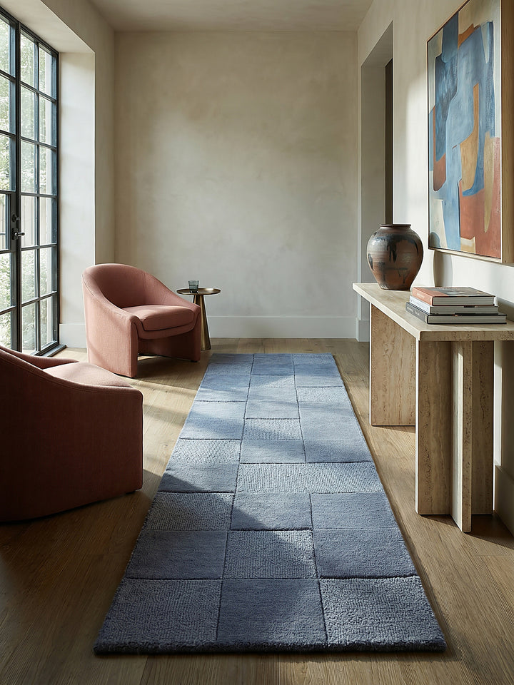 Teppich Blau Läufer im modernen Wohnzimmer Einrichtungsidee_