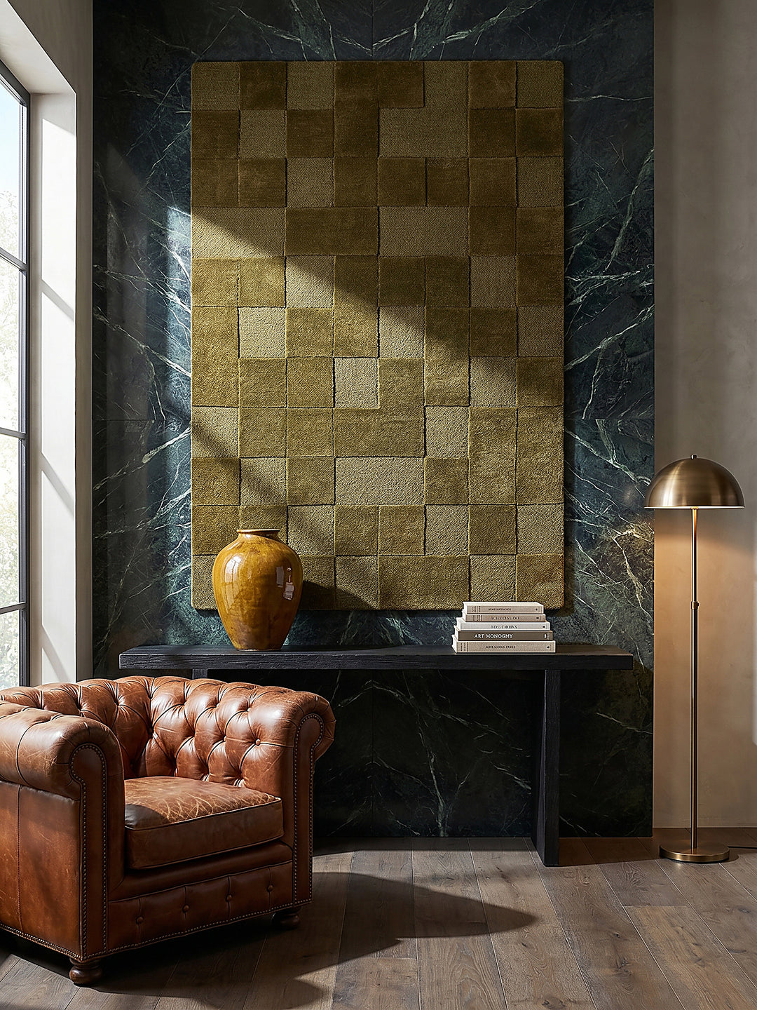 Teppich Erdtöne-Grün rechteckig als Wandteppich Wanddekoration Textilkunst Interior Design_