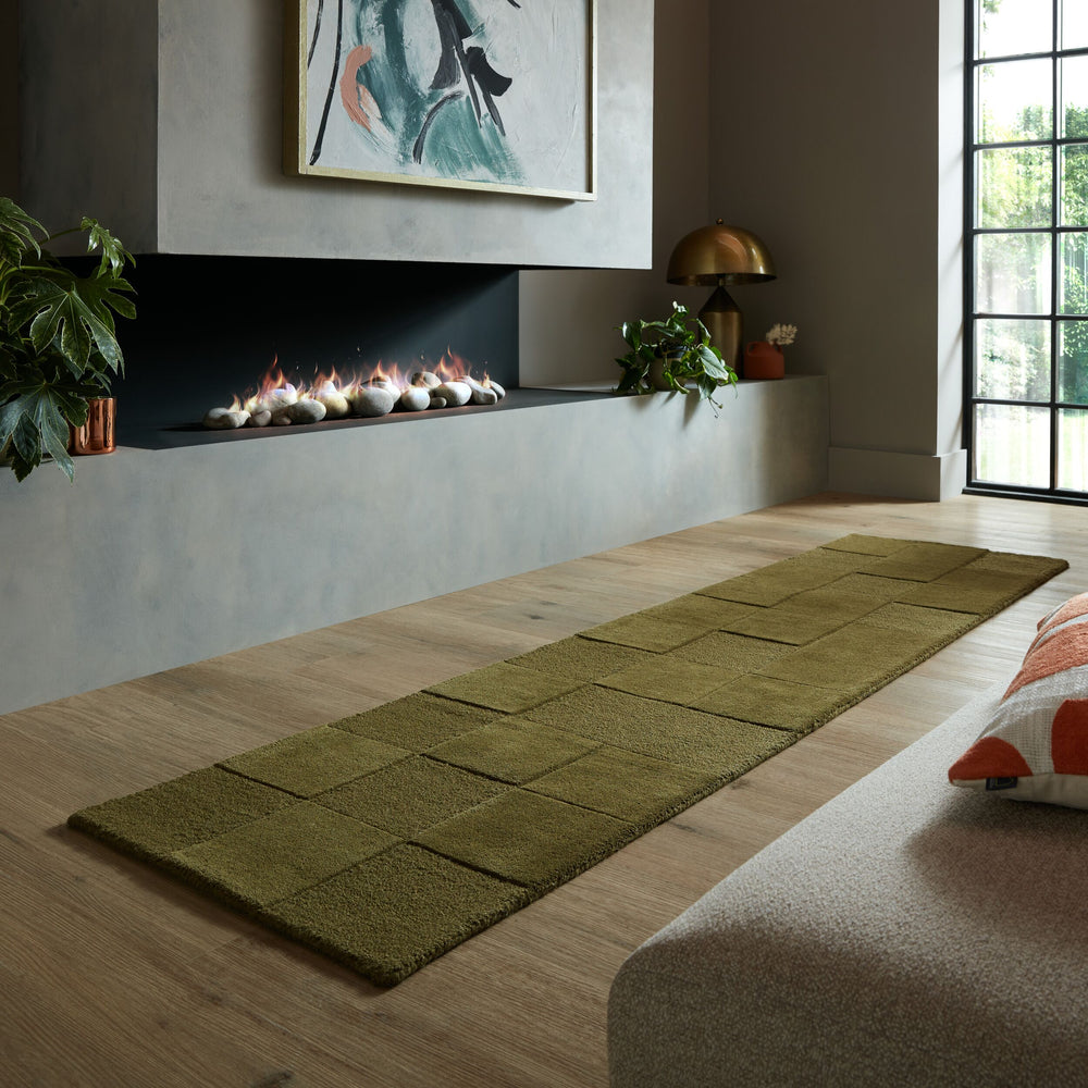 Wollteppich Schachbrett - Karos - Wohnzimmer schmutzabweisend_Erdtöne-Grün_Läufer_