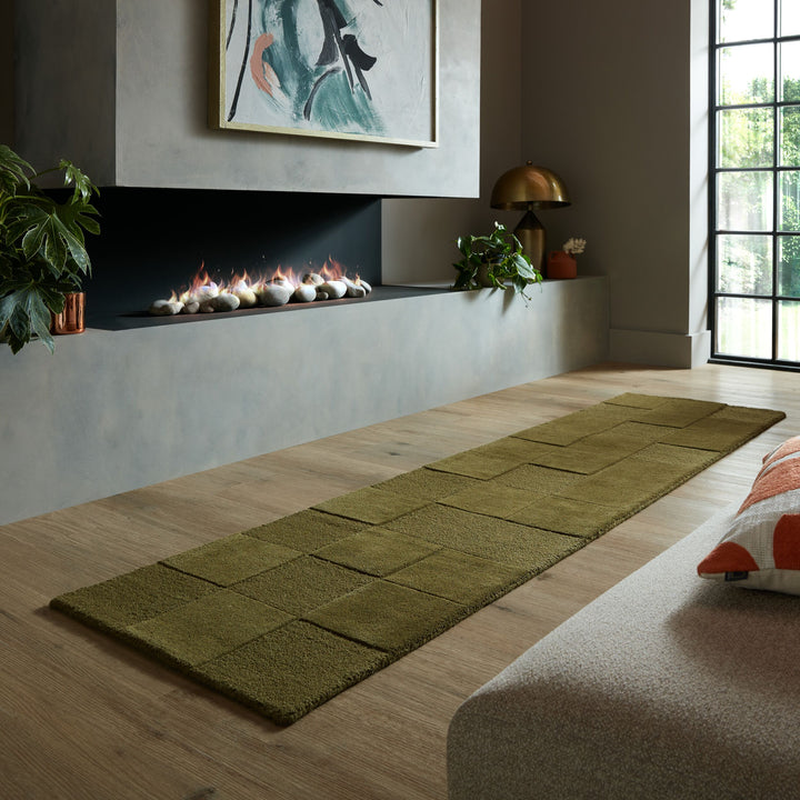 Wollteppich Schachbrett - Karos - Wohnzimmer schmutzabweisend_Erdtöne-Grün_Läufer_