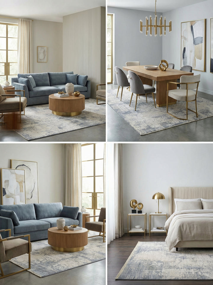 Teppich Modern Polyester - kühle Blautöne - rutschfest mit Baumwollrücken - Kadima Design_