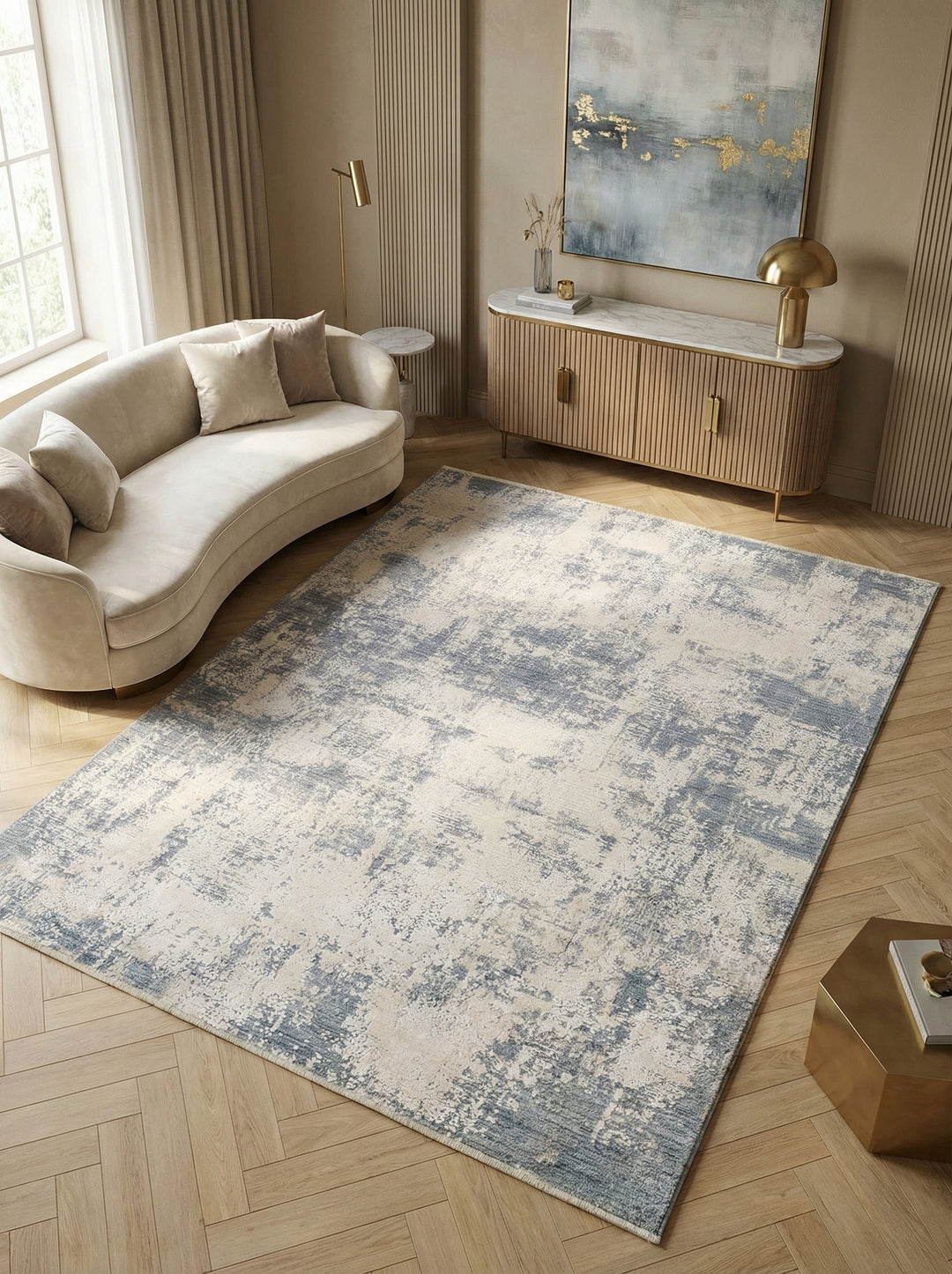 Teppich Modern Polyester - kühle Blautöne - rutschfest mit Baumwollrücken - Kadima Design_