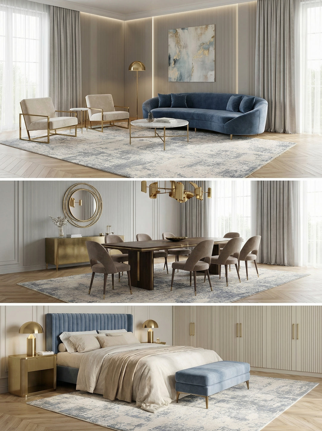 Teppich Modern Polyester - kühle Blautöne - rutschfest mit Baumwollrücken - Kadima Design_