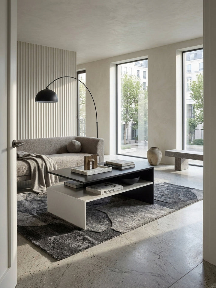 Moderner Couchtisch in Schwarz und Weiß matt 90x60 cm im luxuriösen Wohnzimmer auf hellem Teppich vor einem grauen Sofa_