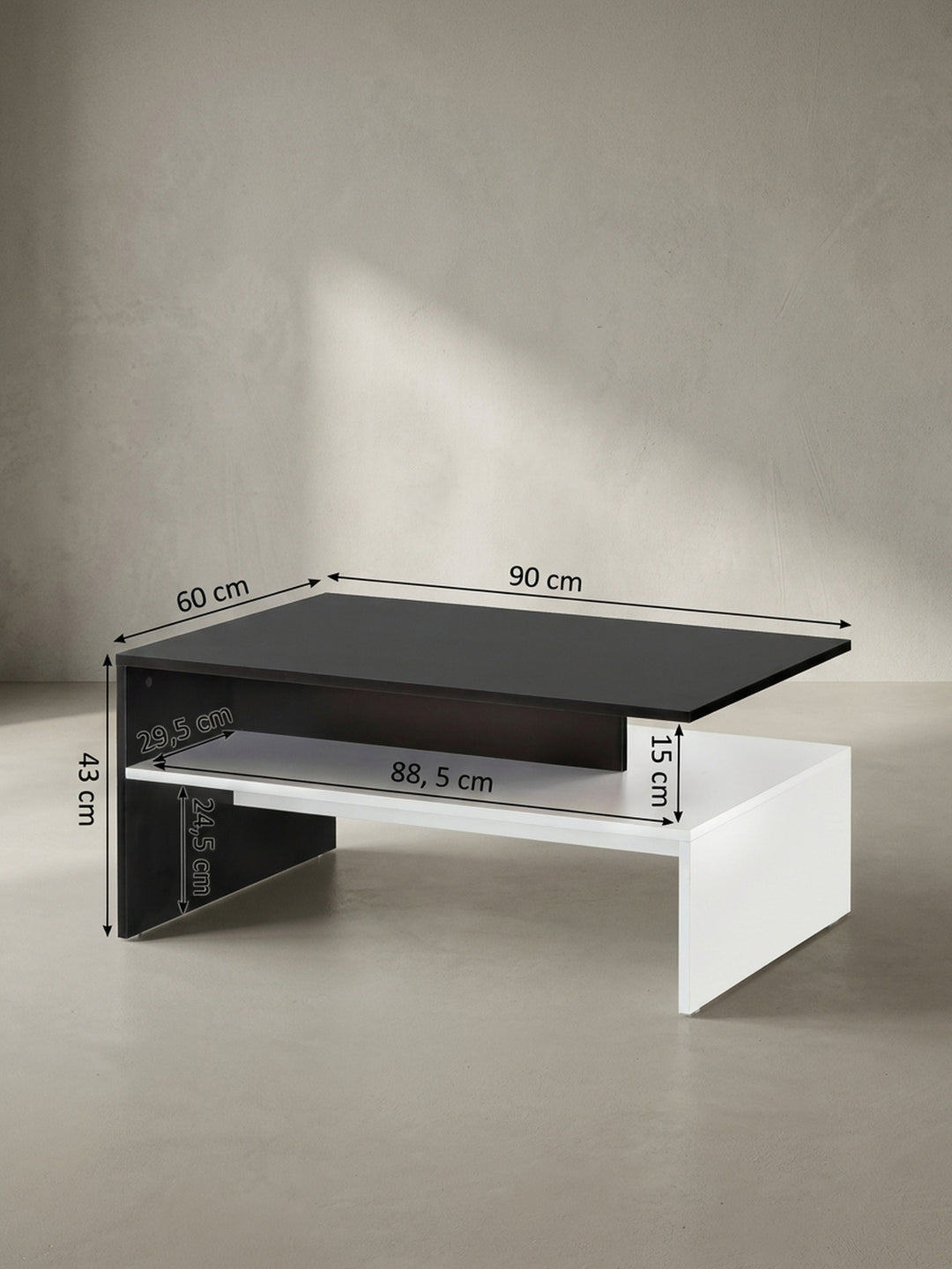 Technische Zeichnung des Wohnzimmertischs mit genauen Maßangaben von 90 cm Breite 43 cm Höhe und 15 cm Ablageabstand_