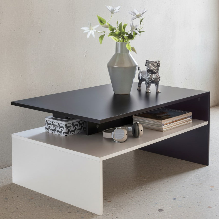 Moderner zweifarbiger Couchtisch in Schwarz und Weiß_ 90x60 cm_ Melaminharzbeschichtung - KADIMA DESIGN_Größe_ 90x60x43 cm_