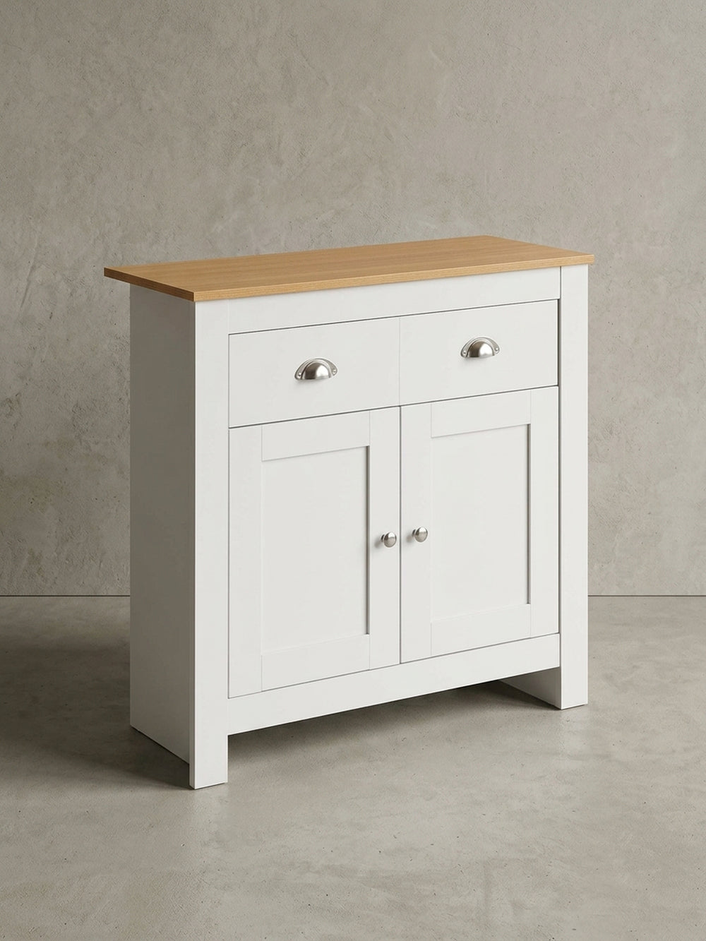 Modernes Sideboard mit 79 cm Breite in Weiß und Eiche, Frontansicht mit zwei Schubladen und zwei Türen, freigestellt vor weißem Hintergrund._