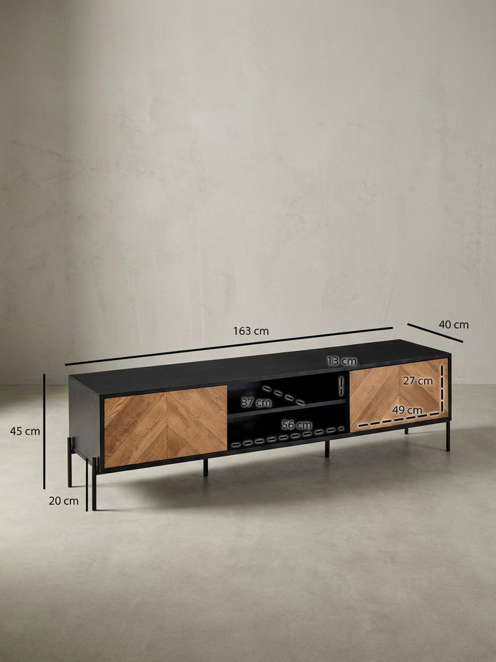 Technische Zeichnung des Lowboards mit exakten Maßen: Breite 163 cm, Höhe 45 cm, Tiefe 40 cm, ideal für die Raumplanung im Wohnzimmer._