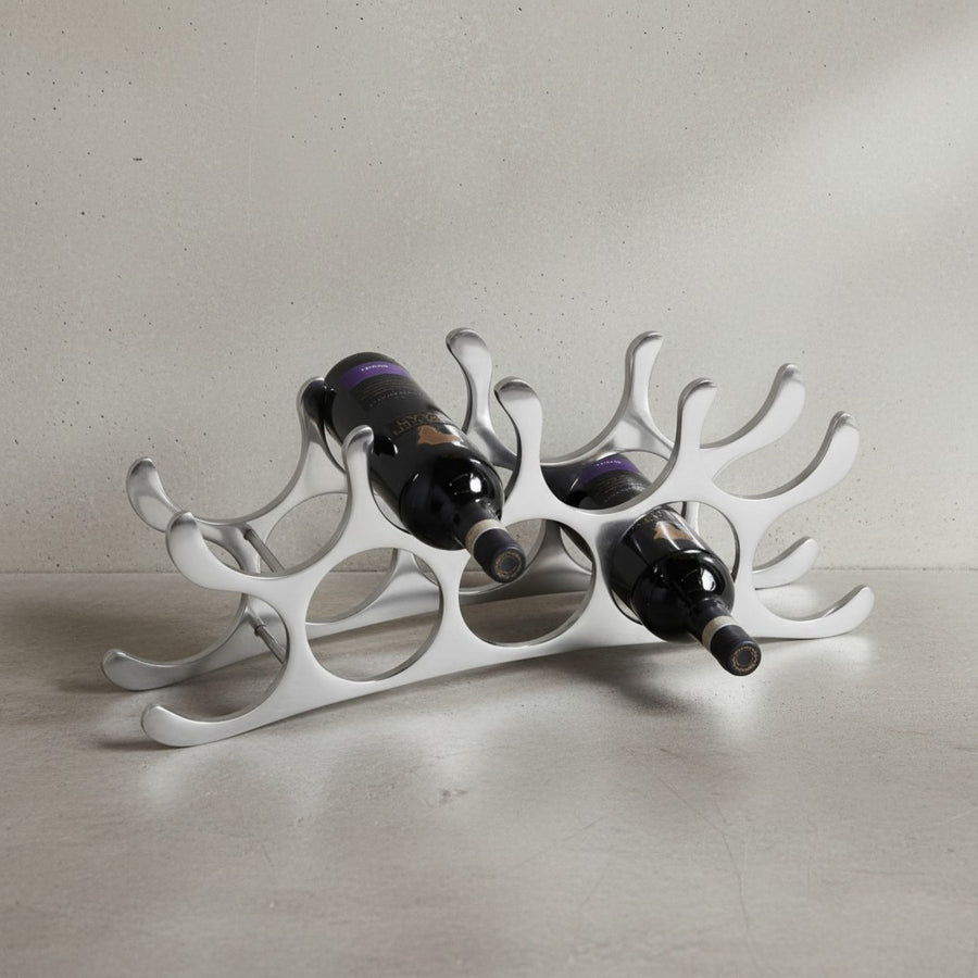 Modernes Weinregal aus Metall_ Kapazität für 9 Flaschen_ in silberner Farbe_ handgefertigt_ stabil und dekorativ - KADIMA DESIGN_Größe_ 55x12x20 cm_