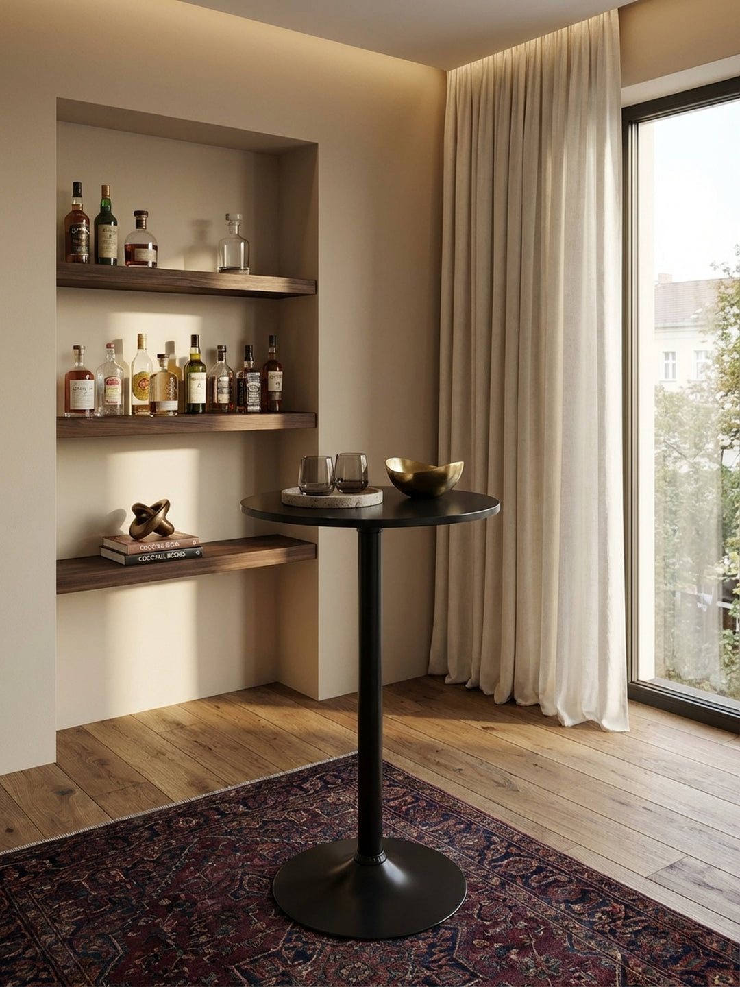 Design-Stehtisch in Schwarz aus der Vogelperspektive, platziert auf einem gemusterten Teppich, zeigt seine runde 60 cm Holzplatte._