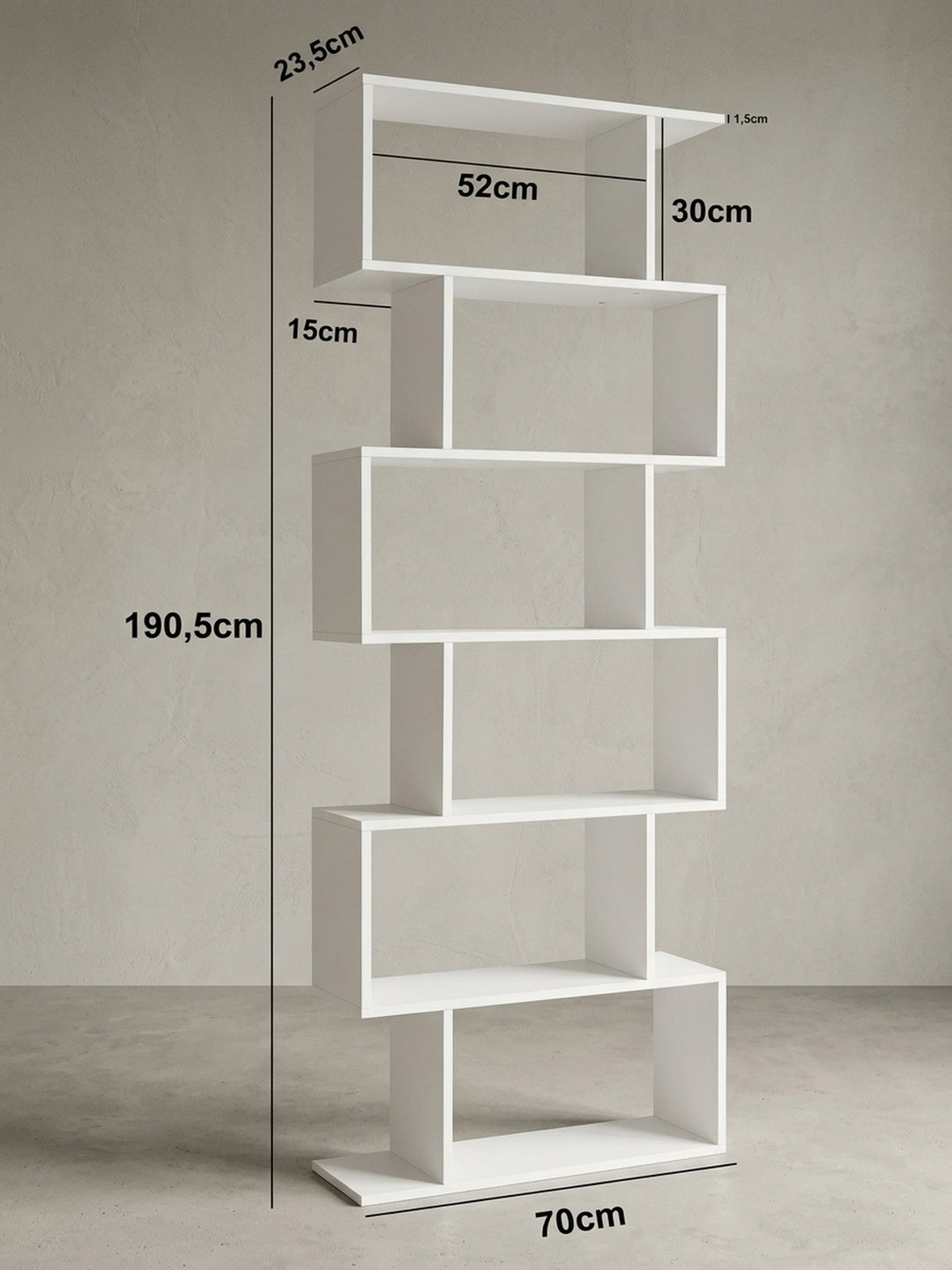 Detailansicht der Rückseite des freistehenden Raumtrenners. Die unsichtbaren Verbindungen der weißen Spanplatten betonen das minimalistische Zick-Zack-Design des modernen Bücherregals._