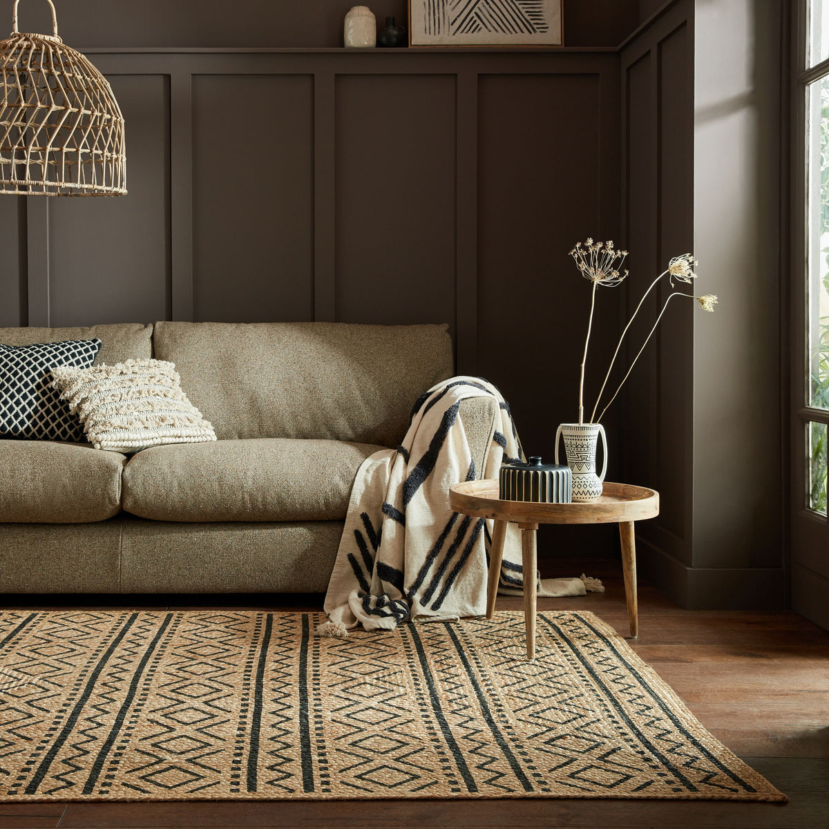 Jute-Teppich mit geometrischem Muster Braun-Schwarz Rechteckig