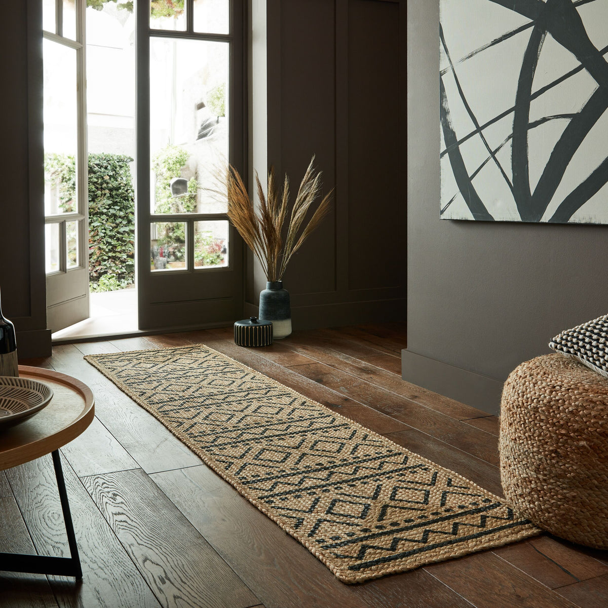 Jute-Teppich mit geometrischem Muster_Braun-Schwarz_Läufer_