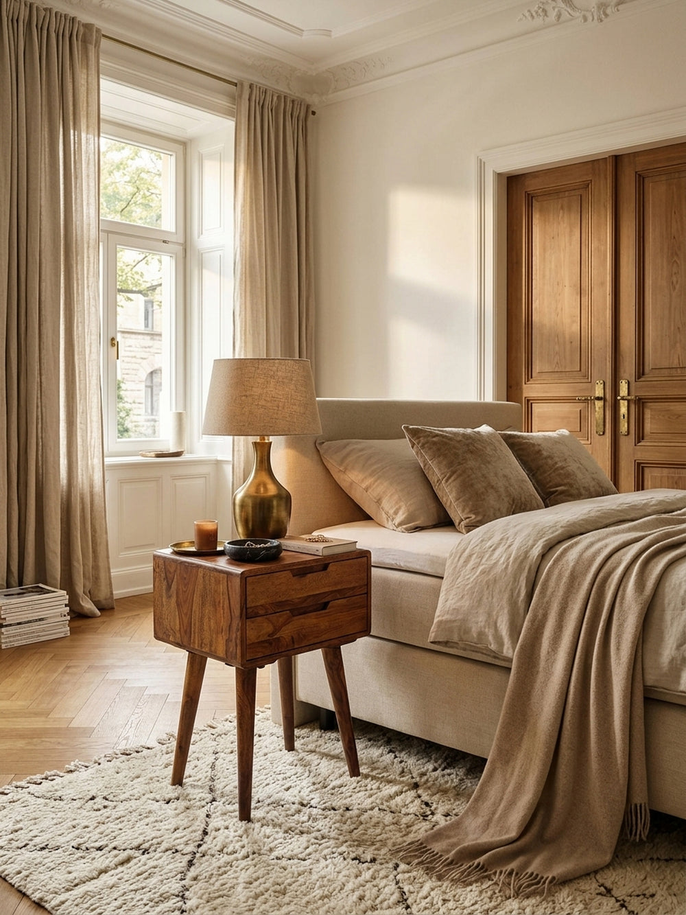 Aufsicht auf die braune Nachtkonsole aus Palisander neben dem Bett. Kompakte 47x36cm Ablagefläche des Holz-Nachttisches stilvoll arrangiert mit Buch, Onyx-Schale und Leinen-Leselampe._