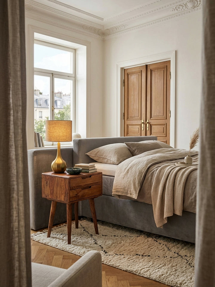 Massivholz Nachttisch Sheesham 47x66x36cm im luxuriösen Schlafzimmer neben einem Boxspringbett. Warme braune Maserung harmoniert mit hellen Textilien und skulpturaler Messing-Tischlampe._