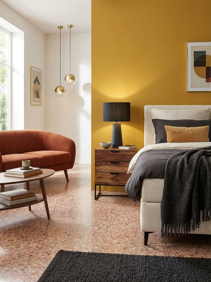 Nachttisch aus massivem Sheesham-Holz neben einem Boxspringbett in einem modernen Schlafzimmer. Das Industrial Design mit schwarzem Metallgestell harmoniert mit der ruhigen Atmosphäre._