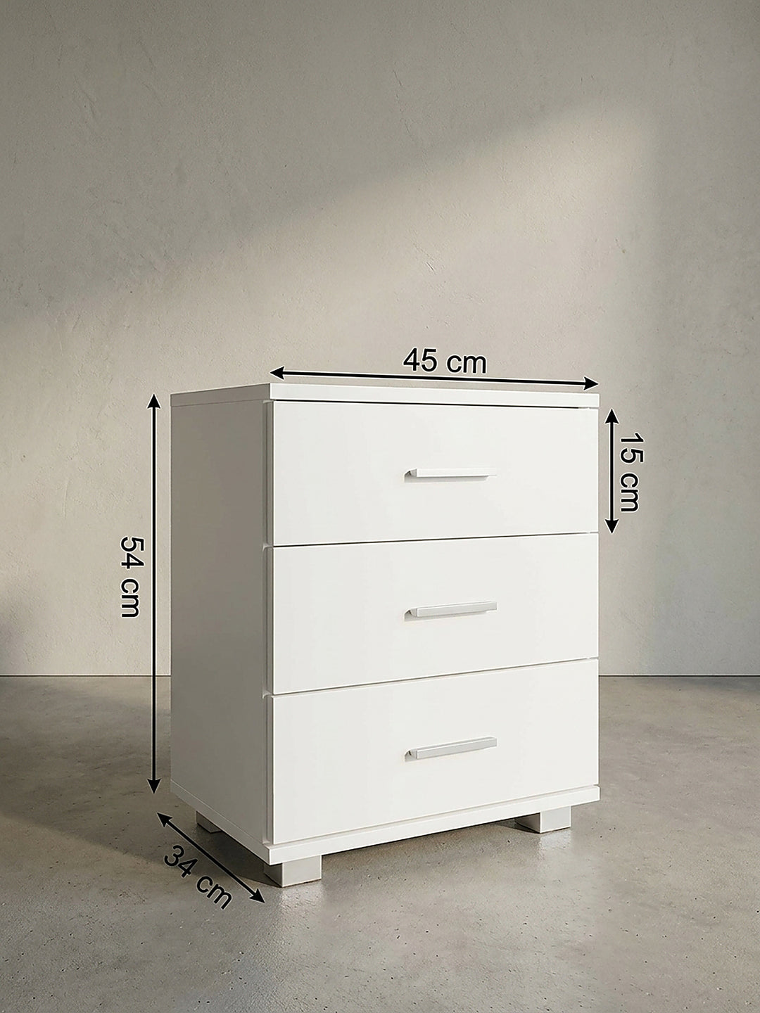 Technische Zeichnung der weißen Nachtkonsole mit präzisen Maßangaben von 45x54x34 cm zur optimalen Raumplanung im modernen Schlafzimmer._