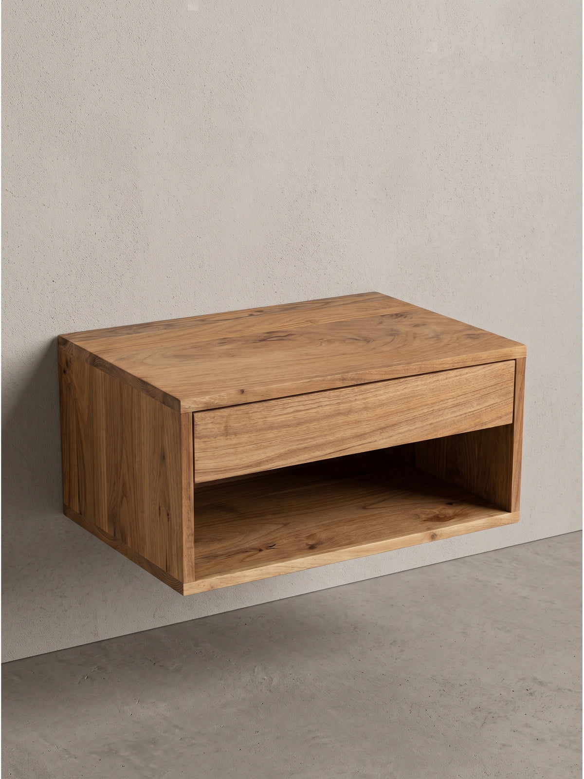 Wandnachttisch aus Akazie Massivholz 50x35x25 cm mit Schublade und offenem Fach frontal_