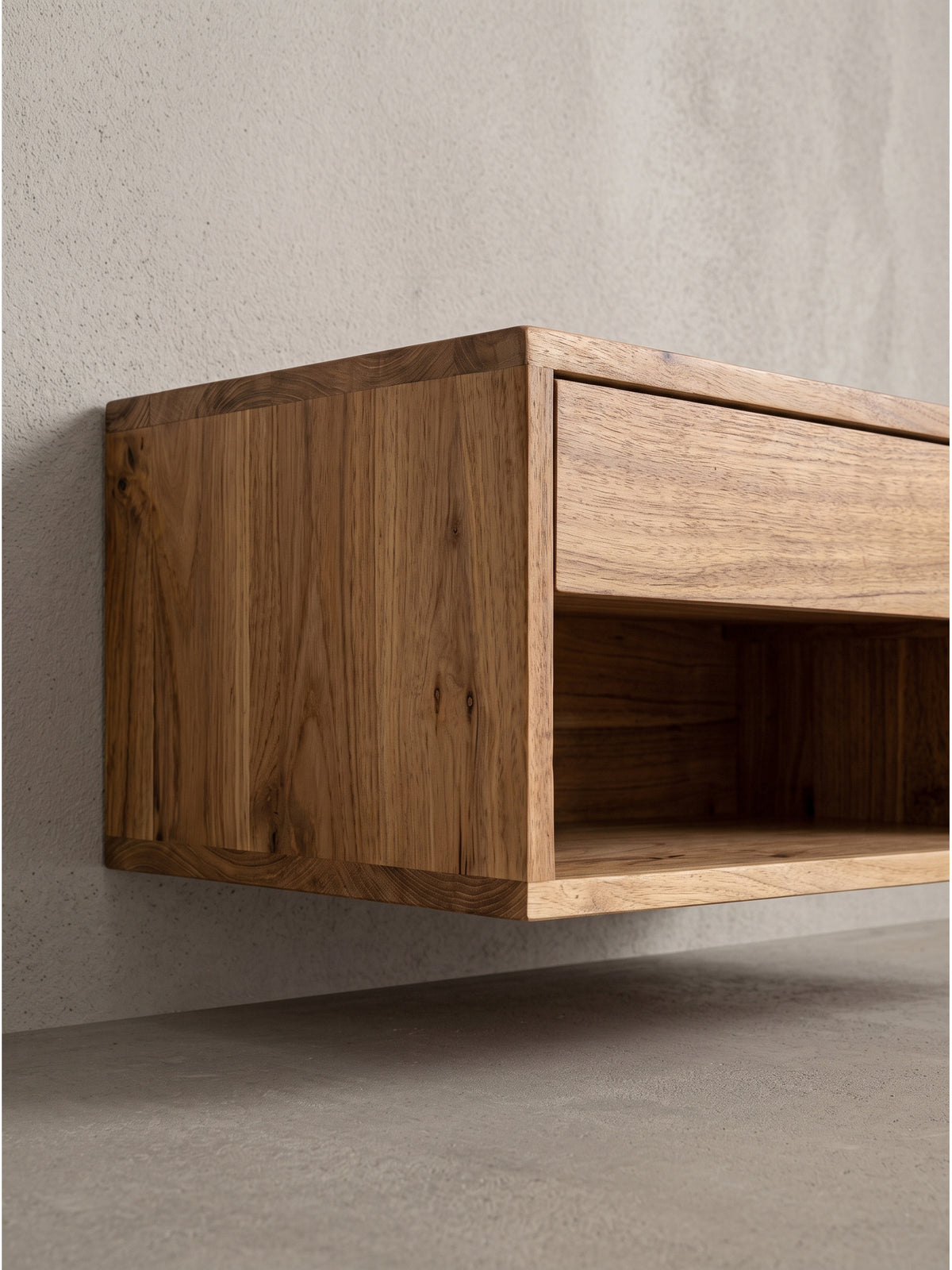 Massivholz-Nachttisch für die Wandmontage im modernen Landhausstil schräg von vorn_