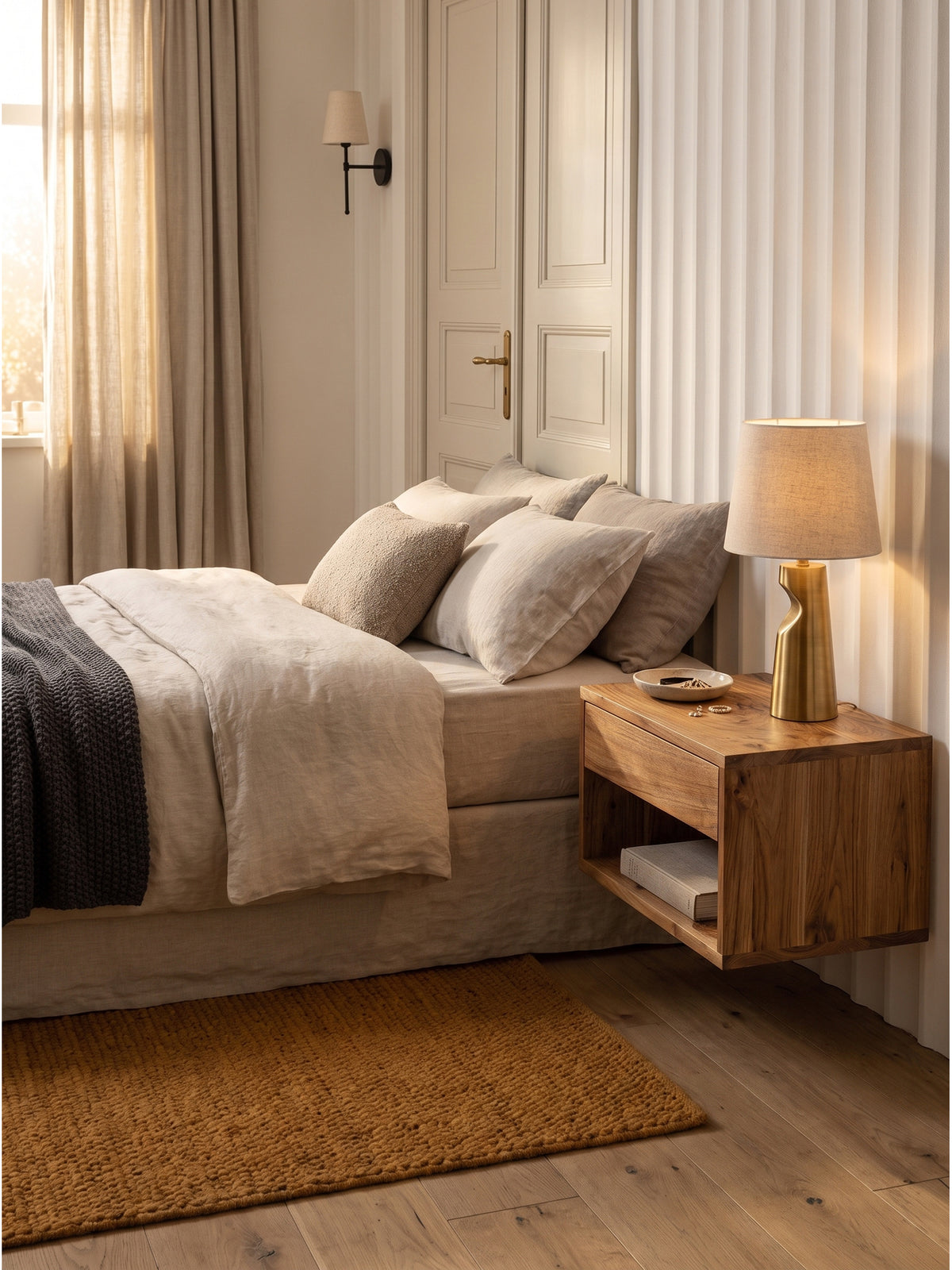 Wandmontierter Akazien-Nachttisch mit Schublade als praktische Ablage neben einem Boxspringbett