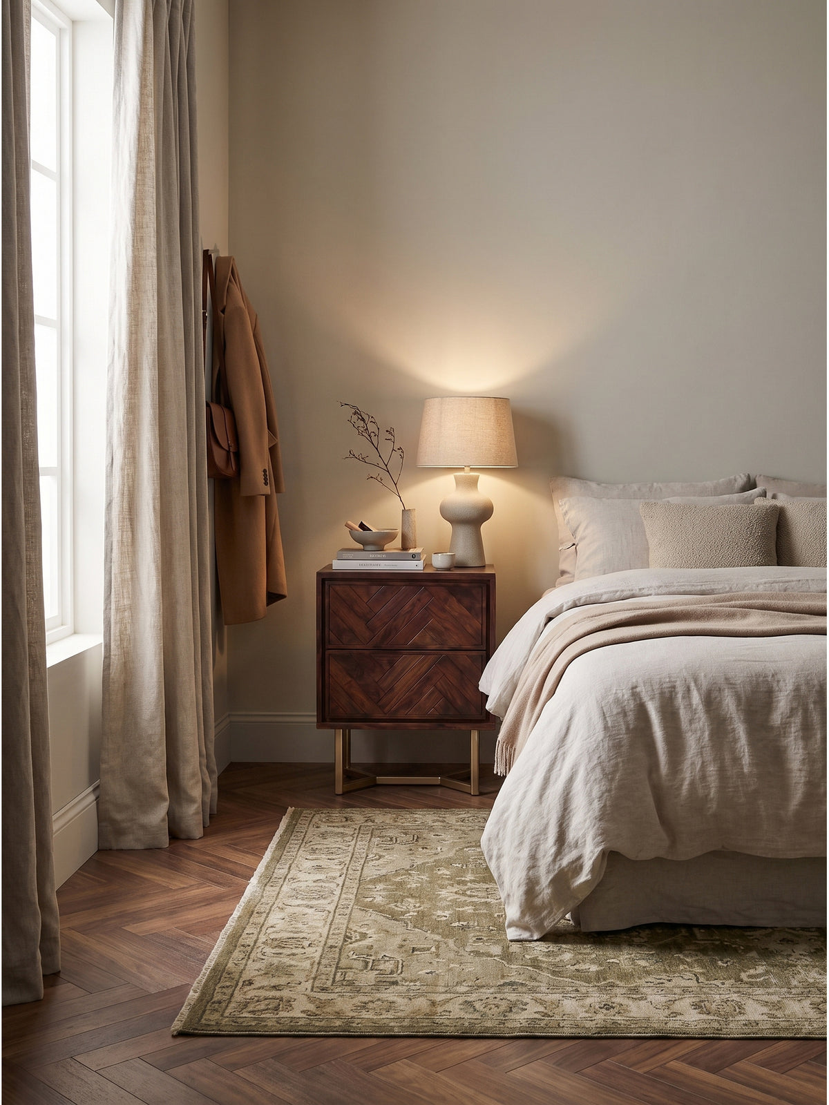 Nachtkonsole aus dunkelbraunem Akazienholz mit Metallfuß neben einem gemütlichen Boxspringbett im hellen Schlafzimmer mit Limewash-Wand_