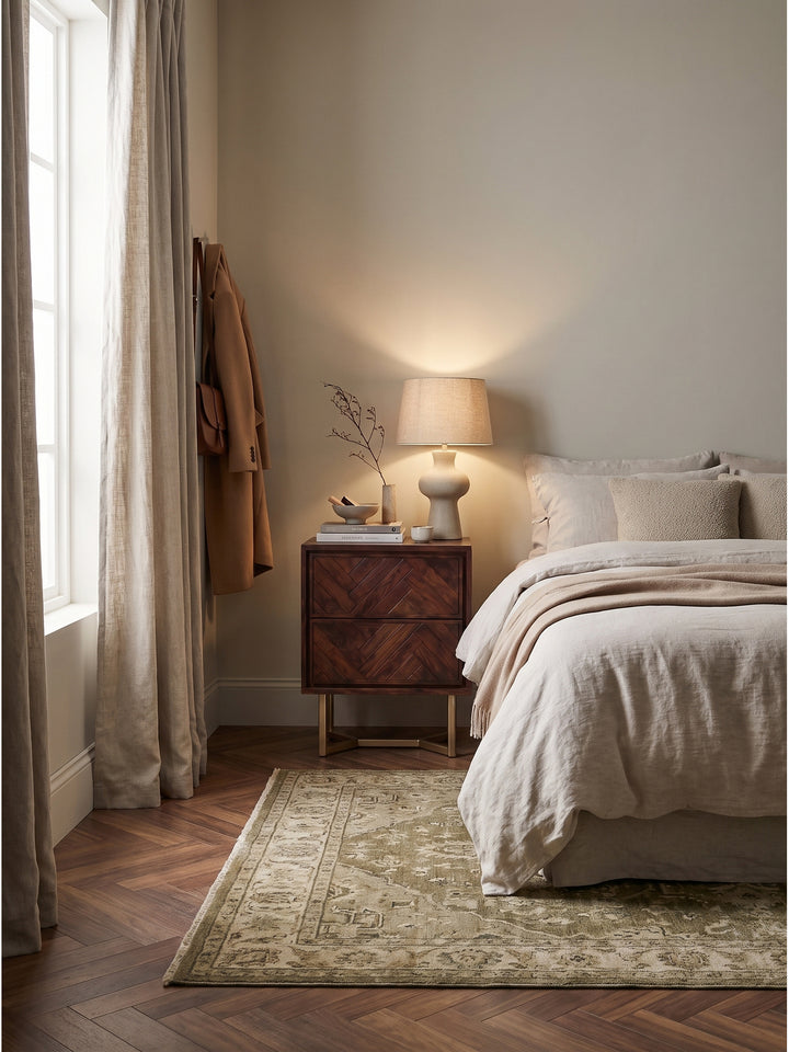 Nachtkonsole aus dunkelbraunem Akazienholz mit Metallfuß neben einem gemütlichen Boxspringbett im hellen Schlafzimmer mit Limewash-Wand_