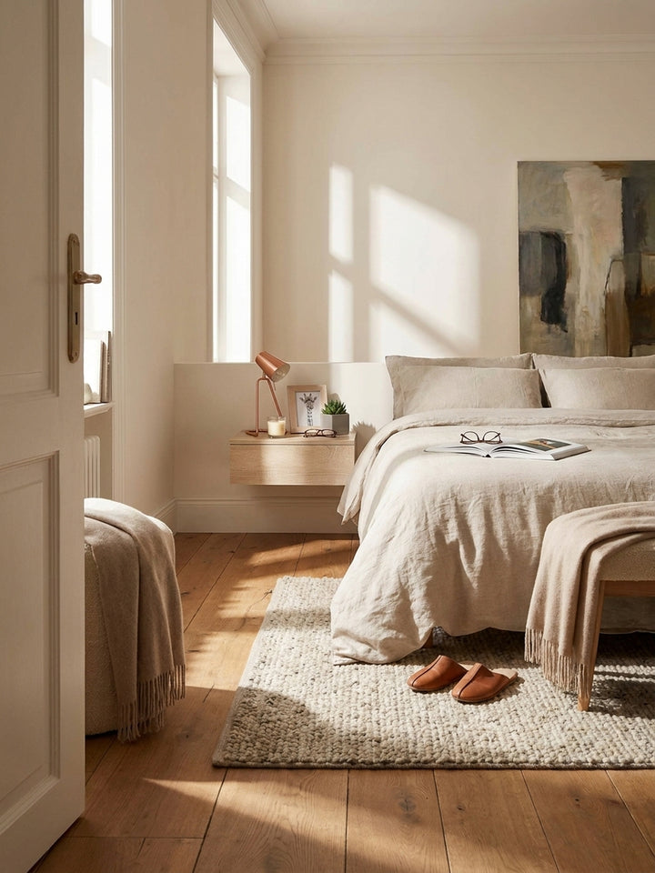 Schwebende Nachtkonsole in Sonoma Eiche Optik an einer strukturierten Wand im minimalistischen Schlafzimmer neben einem Boxspringbett._