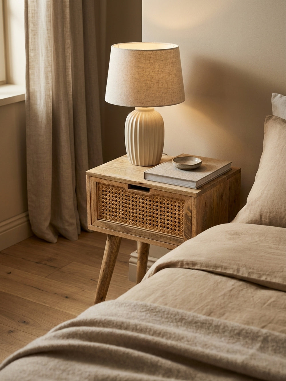 Ein gemütlicher Moment am Bett: Auf dem Nachttisch aus Holz steht eine Keramiklampe neben einem offenen Buch, die Rattan-Front sorgt für ein warmes Ambiente._