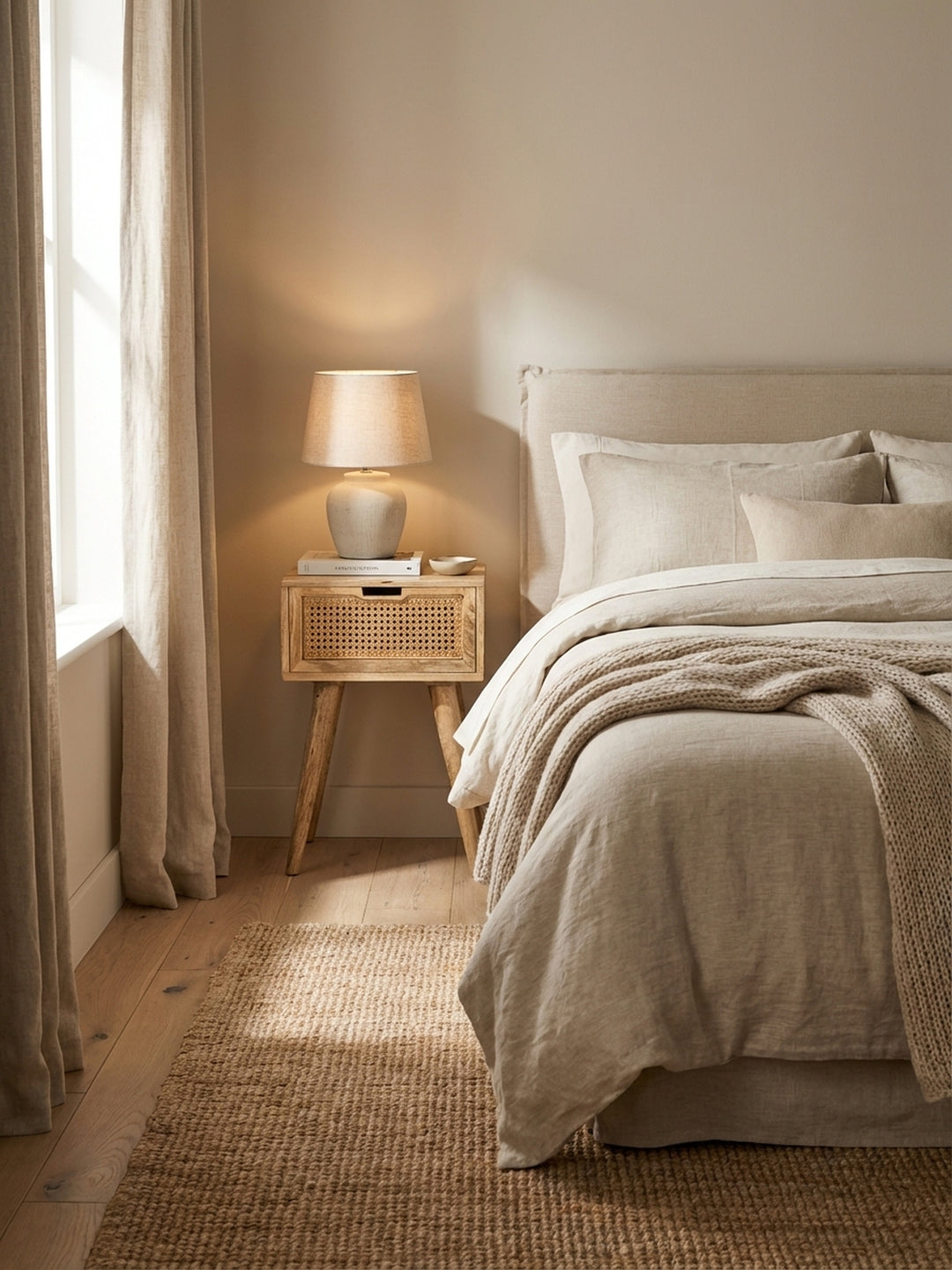 Die Nachtkommode mit 60cm Höhe passt ideal neben ein hohes Boxspringbett und ergänzt mit ihrem natürlichen Mango-Holzton die ruhige Atmosphäre im Schlafzimmer._