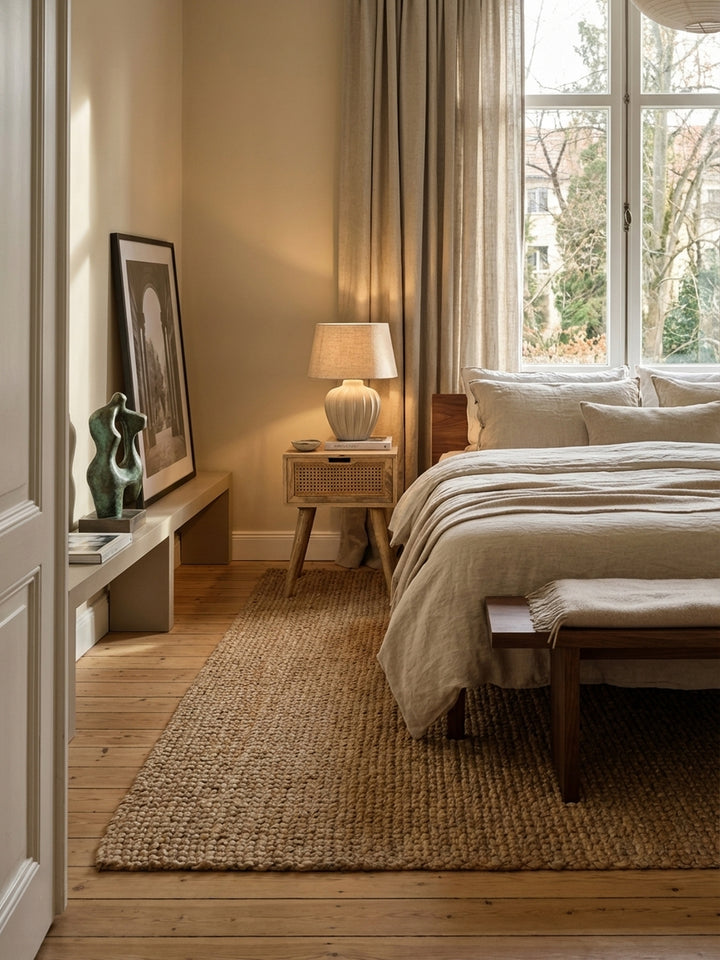 Handgefertigter Nachttisch aus Mango Massivholz neben einem Leinen-Boxspringbett in einem hellen, im Boho-Stil eingerichteten Schlafzimmer mit Holzboden._