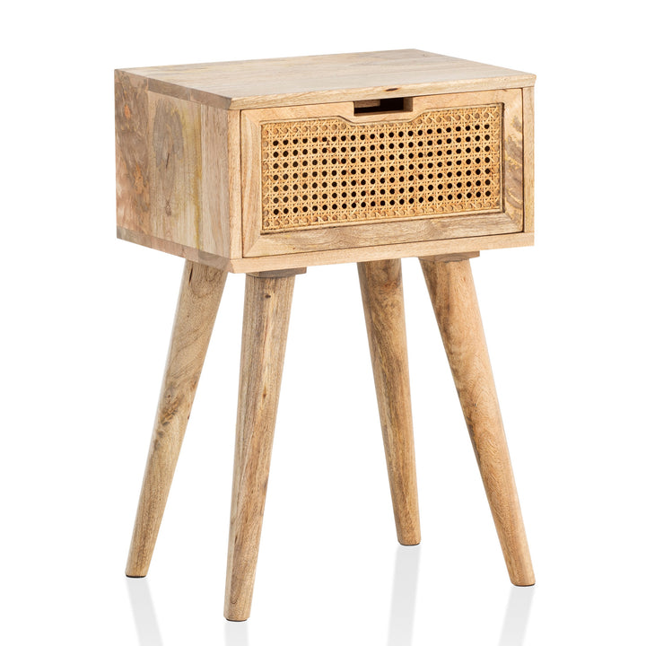 Nachttisch – Mango Massivholz/Rattan, 40x60x30 cm, Braun, 1 Schublade, Wiener Geflecht