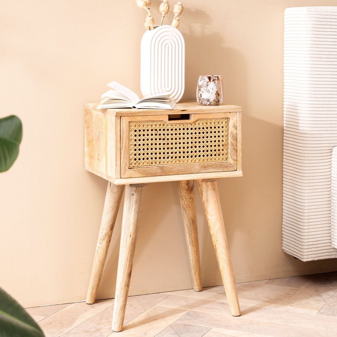 Nachttisch – Mango Massivholz/Rattan, 40x60x30 cm, Braun, 1 Schublade, Wiener Geflecht