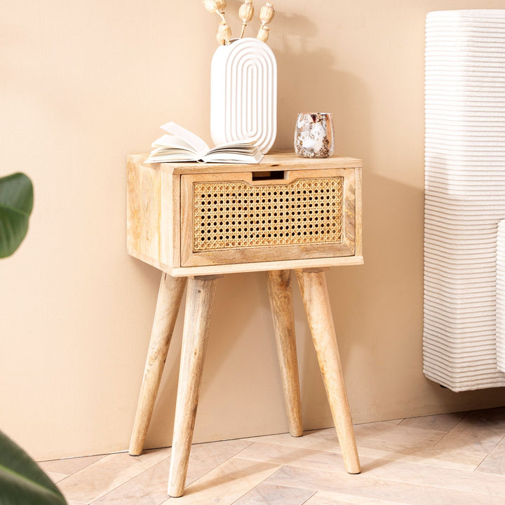 Nachttisch – Mango Massivholz/Rattan, 40x60x30 cm, Braun, 1 Schublade, Wiener Geflecht